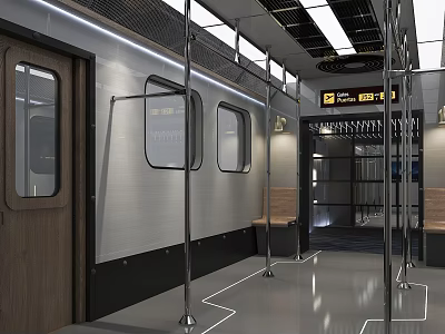 Modern Subway Car Interior With Metal Handrails Seats And Exit Sign 3d model