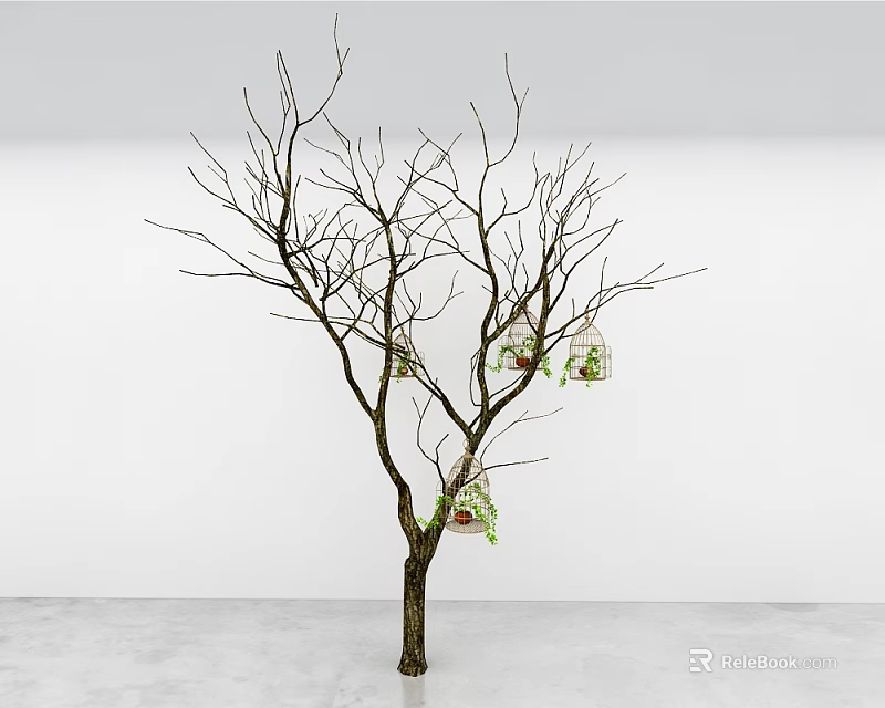 Bare Branch Arbor with Slender Trunk and Hanging Green White Birdcages on White Background 3d model 