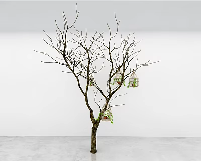 Bare Branch Arbor with Slender Trunk and Hanging Green White Birdcages on White Background 3d model