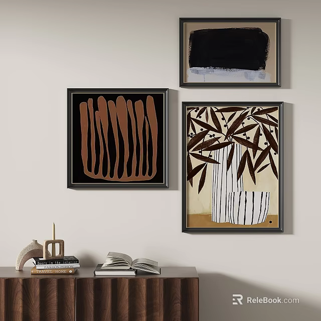 Abstract Paintings On Wall With Brown Lines And Leaf Patterns For Interior Decoration 3d model
