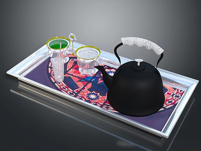 Silver Tray With Black Teapot Glass Cups Yellow Rims Small Creamer And Patterned Mat 3d model