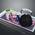 Silver Tray With Black Teapot Glass Cups Yellow Rims Small Creamer And Patterned Mat