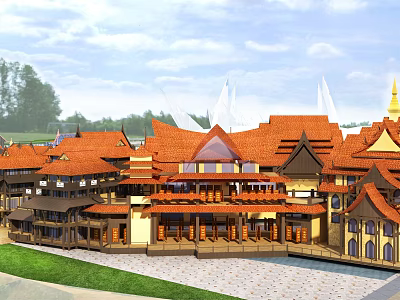 Traditional Style Commercial Street With Reddish Brown Roofs Wooden Structures And Natural Landscaping 3d model