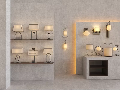 Modern Lighting Combinations with Table Lamps Wall Lamps and Shelves on Gray Wall 3d model