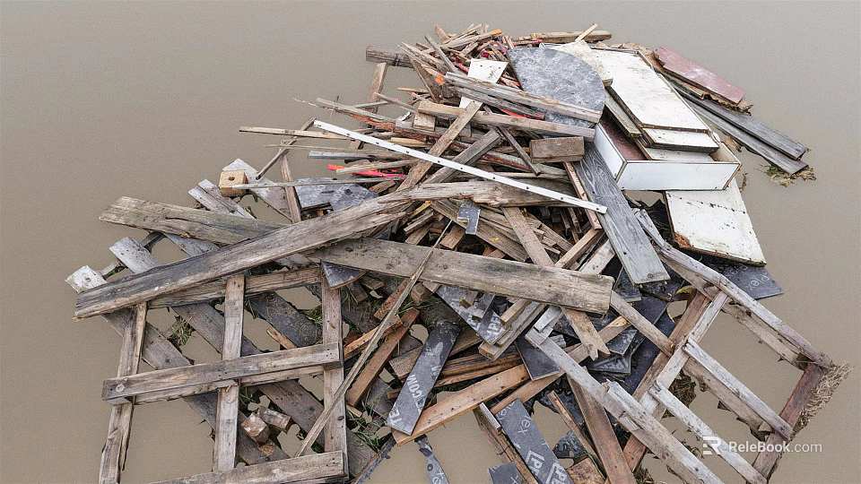 Recycled Wooden Planks And Stone Slabs In Construction Debris Pile 3d model 