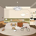 Cozy Kids Room Interior With Cloud Chandelier Stuffed Toy Tricycle Bed And Soft Rug