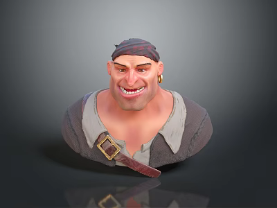3D Character Bust of Male Pirate With Headscarf Earring Belt and Exaggerated Expression 3d model