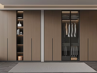 Modern Wardrobe Design With Wooden Cabinets Glass Doors Hanging Clothes And Storage Shelves 3d model