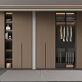 Modern Wardrobe Design With Wooden Cabinets Glass Doors Hanging Clothes And Storage Shelves