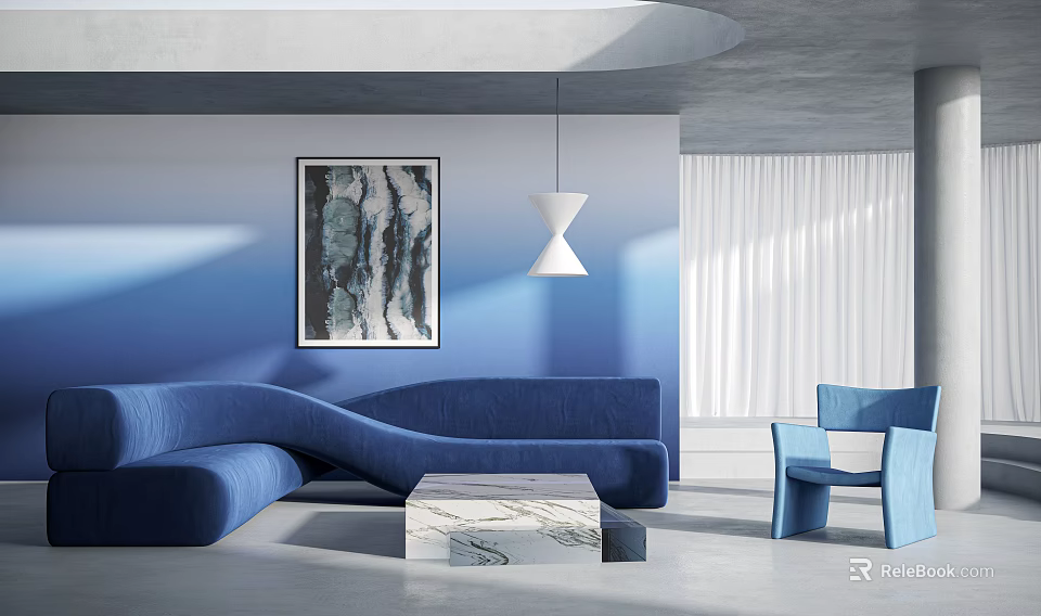 Blue Sofa And Marble Coffee Table Set With Chair Painting White Lamp And White Curtains 3d model 