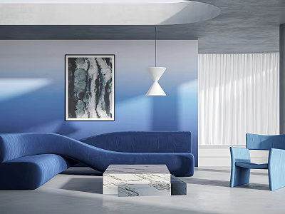 Blue Sofa And Marble Coffee Table Set With Chair Painting White Lamp And White Curtains 3d model