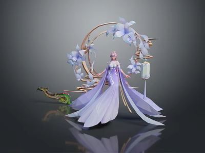 Elegant Character in Purple Gown with Pink Hair Green Dragon Creature Blue Flowers Golden Ring Lantern 3d model