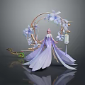Elegant Character in Purple Gown with Pink Hair Green Dragon Creature Blue Flowers Golden Ring Lantern