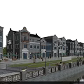 Traditional Gray Brick Commercial Street With Riverside View And Outdoor Seating Areas