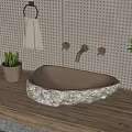 Natural Stone Washbasin on Wooden Countertop with Perforated Wall and Towel Holder
