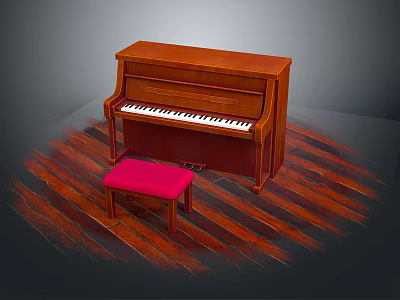 Classic Musical Instrument Wooden Piano With Pink Stool On Polished Wooden Floor 3d model