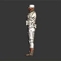 Military Character In Camouflage Uniform With Tactical Vest Knee Pads And Outstretched Arms On Dark Background