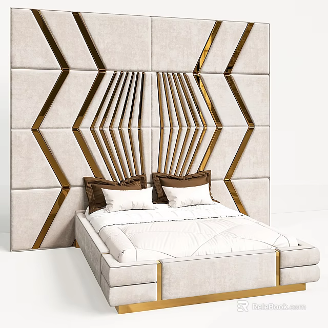 Modern Double Bed With Geometric Upholstered Headboard Gold Accent Lines Beige And Brown White Pillows 3d model 