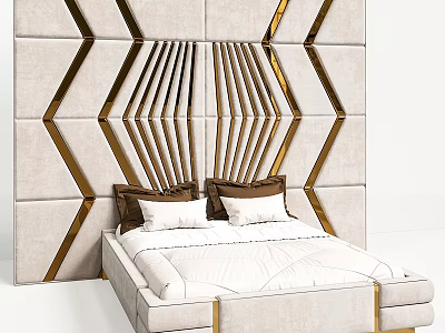 Modern Double Bed With Geometric Upholstered Headboard Gold Accent Lines Beige And Brown White Pillows 3d model