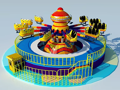 Colorful Rotating Amusement Ride with Multiple Seats Decorative Top Blue Platform and Yellow Railings 3d model