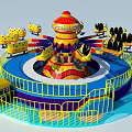 Colorful Rotating Amusement Ride with Multiple Seats Decorative Top Blue Platform and Yellow Railings