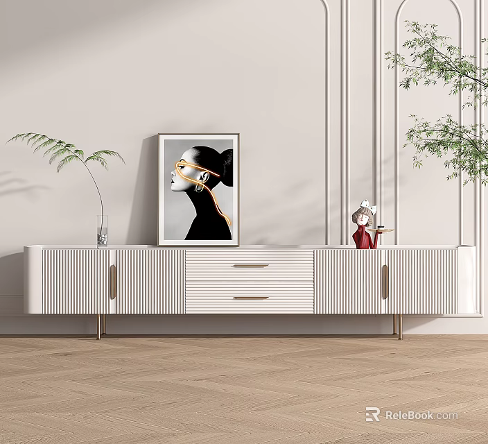 White TV Stand With Striped Design Gold Handles Fern Plant Art Print And Red Decor 3d model 