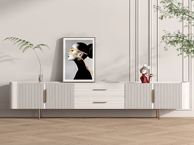 White TV Stand With Striped Design Gold Handles Fern Plant Art Print And Red Decor 3d model