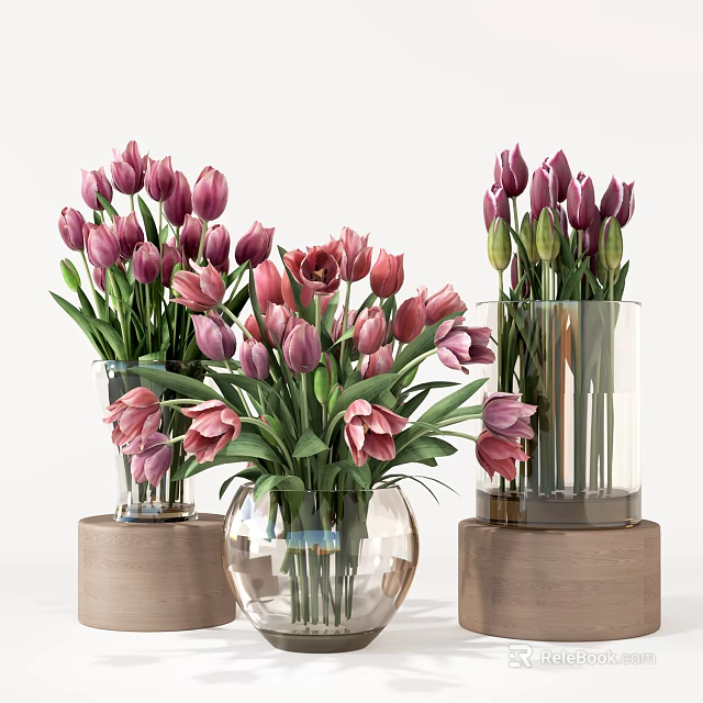 Pink And Purple Tulips Arranged In Transparent Glass Vases On Wooden Pedestals 3d model 