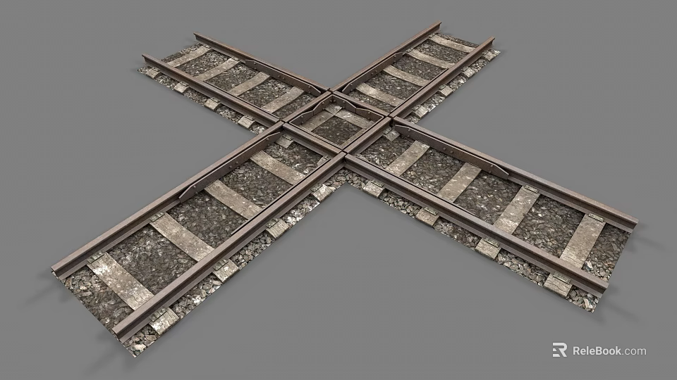 Detailed Railroad Tracks Crossing Structure With Metal Rails And Gravel Bedding 3d model 