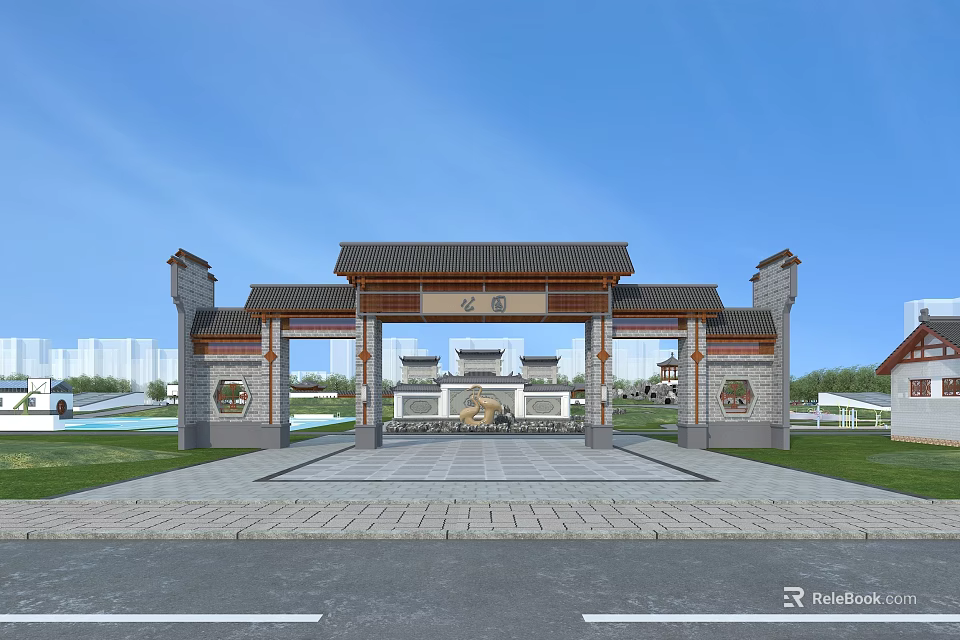 Traditional Chinese Entrance Gate With Ornate Roof Stone Pillars And Carved Decorations 3d model 