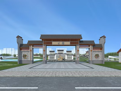Traditional Chinese Entrance Gate With Ornate Roof Stone Pillars And Carved Decorations 3d model