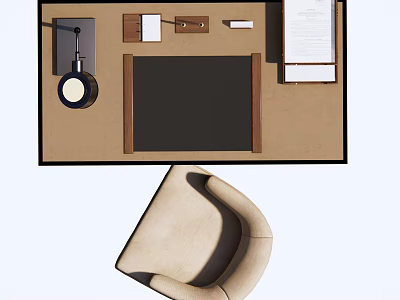 Modern Wooden Desk Setup With Comfortable Chair Table Lamp And Storage Drawers 3d model