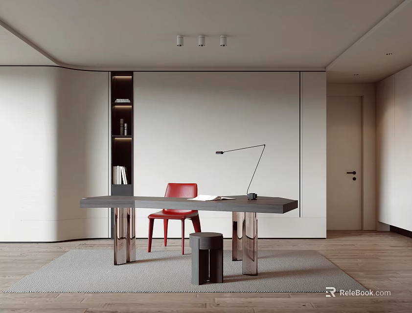 Modern Study Room Interior With Glass Desk Red Chair Floor Lamp And Wall Bookshelf 3d model 
