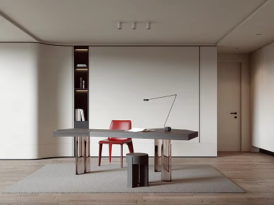 Modern Study Room Interior With Glass Desk Red Chair Floor Lamp And Wall Bookshelf 3d model