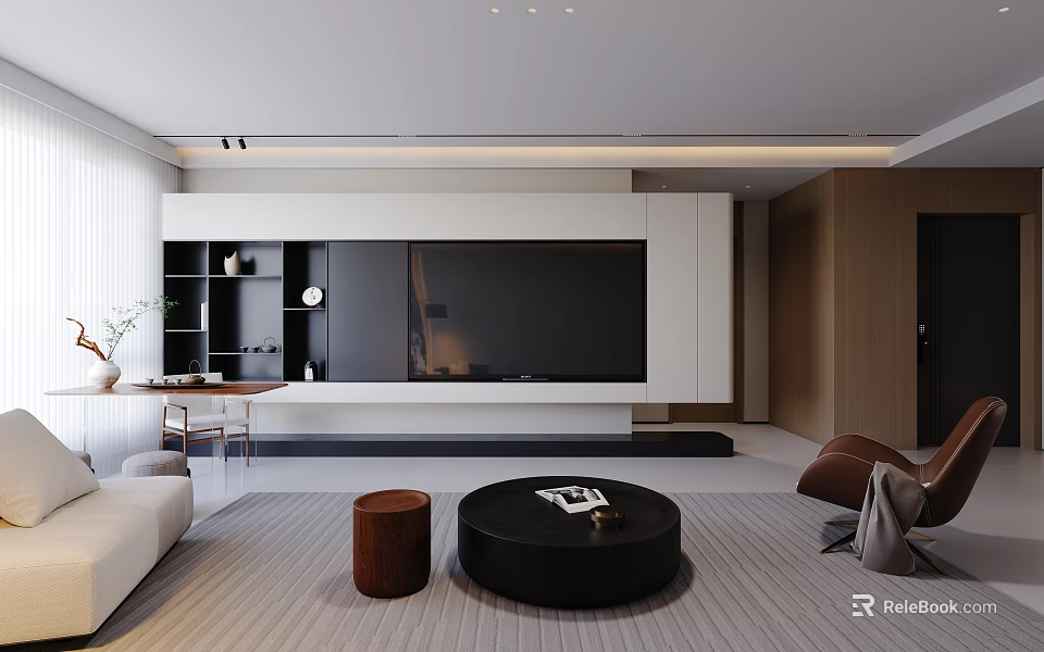 Modern Living Dining Room Interior Design With Large TV Wall Sofa And Round Coffee Table 3d model 