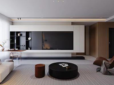 Modern Living Dining Room Interior Design With Large TV Wall Sofa And Round Coffee Table 3d model