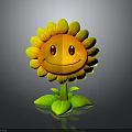 Cartoon Sunflower With Smiling Face Yellow Petals Orange Center And Green Stem Leaves