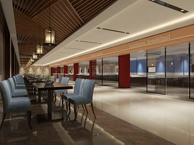 Elegant Modern Restaurant Interior With Wooden Ceiling Chandeliers Red Columns And Dining Tables 3d model