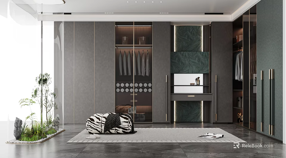 Modern Walk in Closet With Built in Wardrobes Cozy Seating And Greenery 3d model 