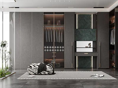 Modern Walk in Closet With Built in Wardrobes Cozy Seating And Greenery 3d model