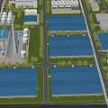 Industrial Factory Buildings With Blue Roofs Neatly Arranged Surrounded By Trees In Industrial Zone