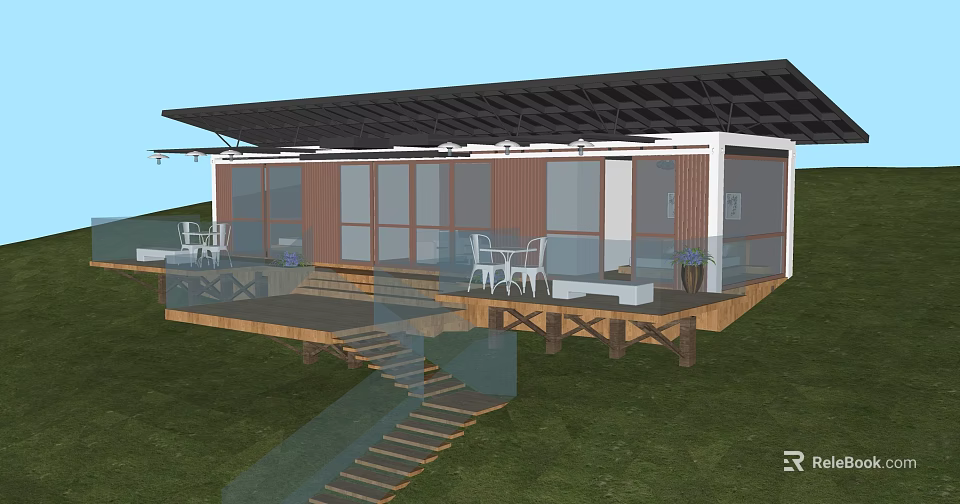 Modern Guesthouse Building With Large Glass Windows Black Roof Wooden Terrace And White Outdoor Furniture 3d model 