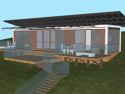 Modern Guesthouse Building With Large Glass Windows Black Roof Wooden Terrace And White Outdoor Furniture 3d model