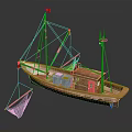 Detailed Wooden Boat With Mast Ropes Fishing Net Small Cabin And Blue Containers