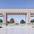 School Building Main Entrance Stone Archway Symmetrical Design with Trees and Blue Sky