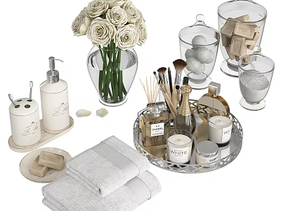 Elegant Bathroom Accessories with White Roses Towels Hand Soap and Glass Jars 3d model