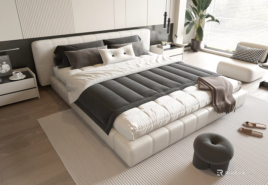 Modern Double Bed With White Headboard Grey White Pillows Wooden Floor And Rug Plant 3d model 