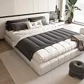 Modern Double Bed With White Headboard Grey White Pillows Wooden Floor And Rug Plant