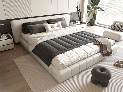 Modern Double Bed With White Headboard Grey White Pillows Wooden Floor And Rug Plant 3d model