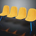 Four Yellow Public Chairs With Blue Legs On Dark Reflective Surface 3d model